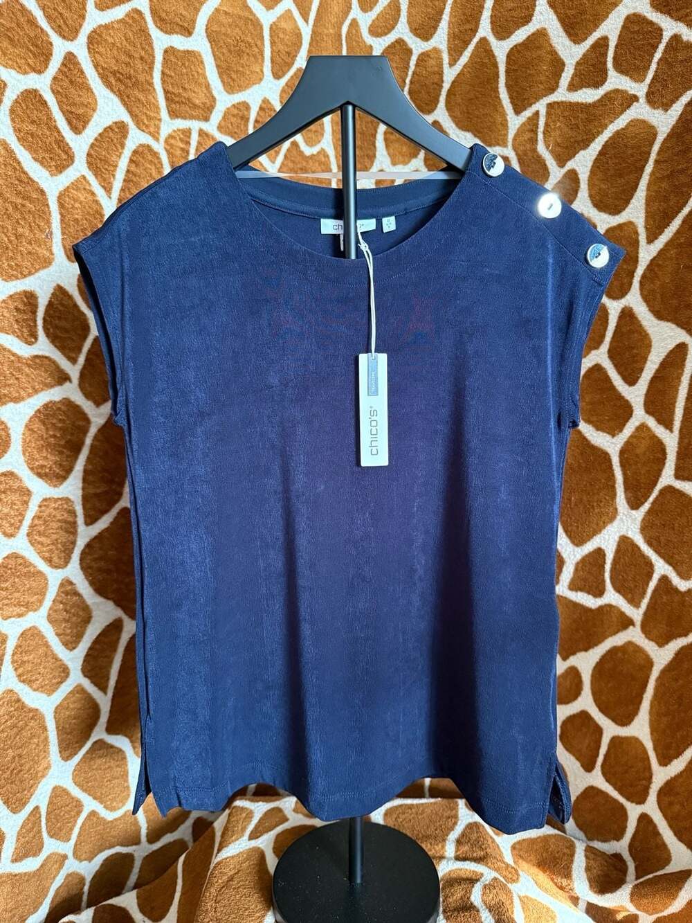 Chico's Travelers Navy Blue Cap Sleeve Button Detail Top